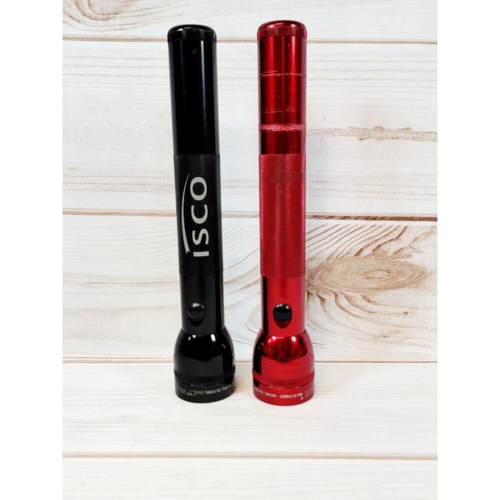 2 Vintage Mag-Lite Aluminum Flashlight 12" 3D Cell 2pc Red & Black Made In USA